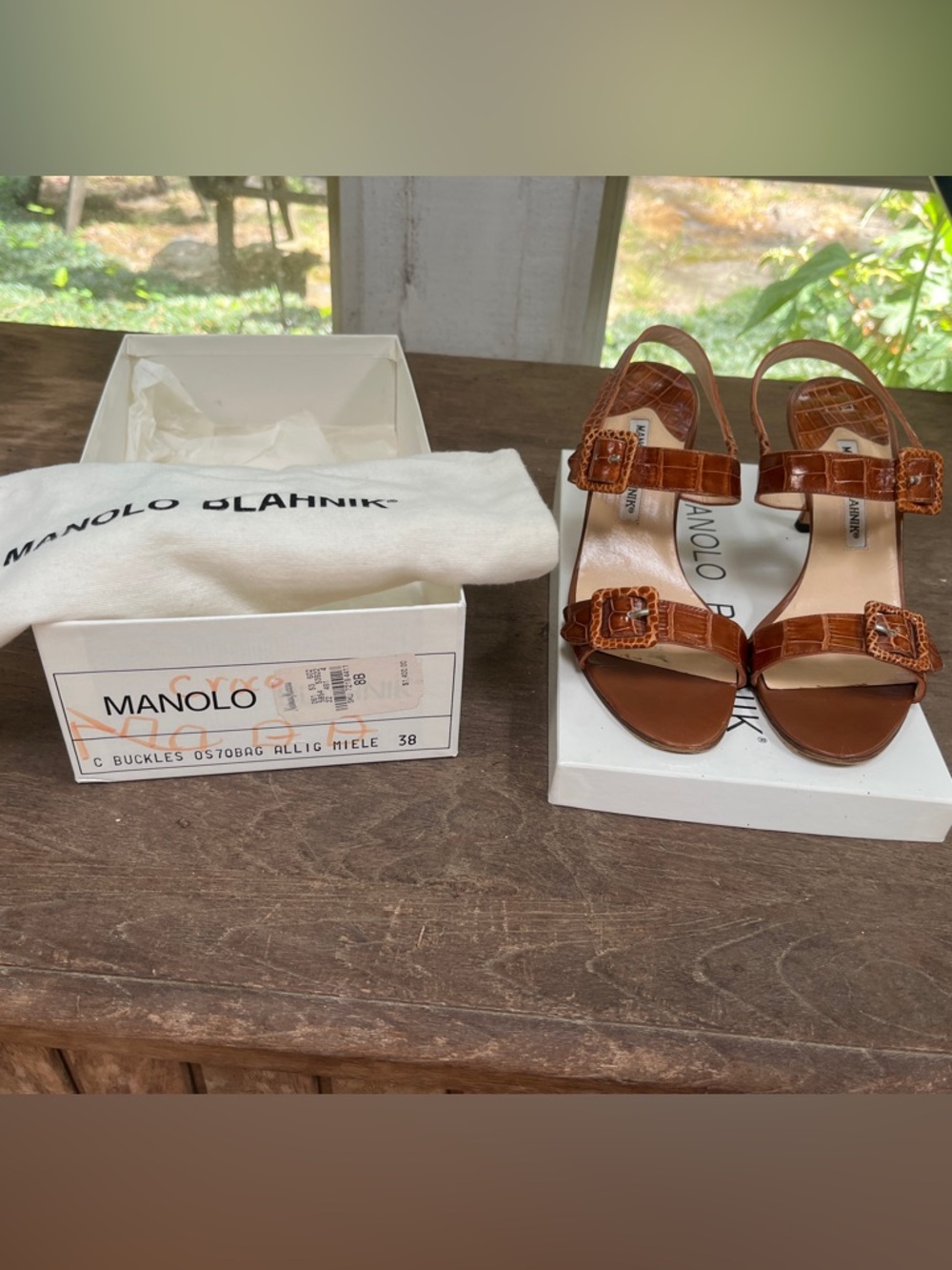 Manolo Blahnik Brown Genuine Alligator Buckle Sandals